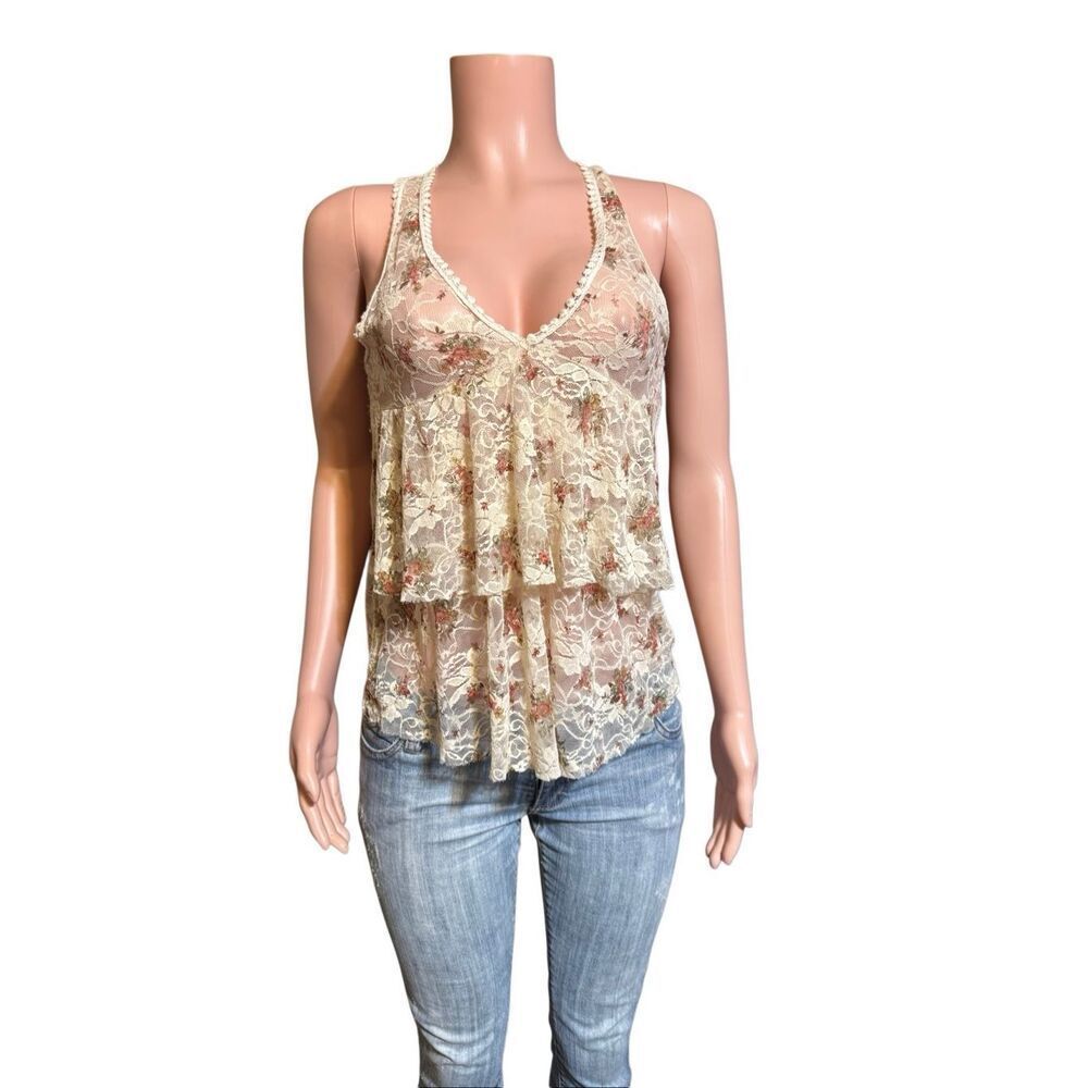 January 7 floral print embellished sheer top M